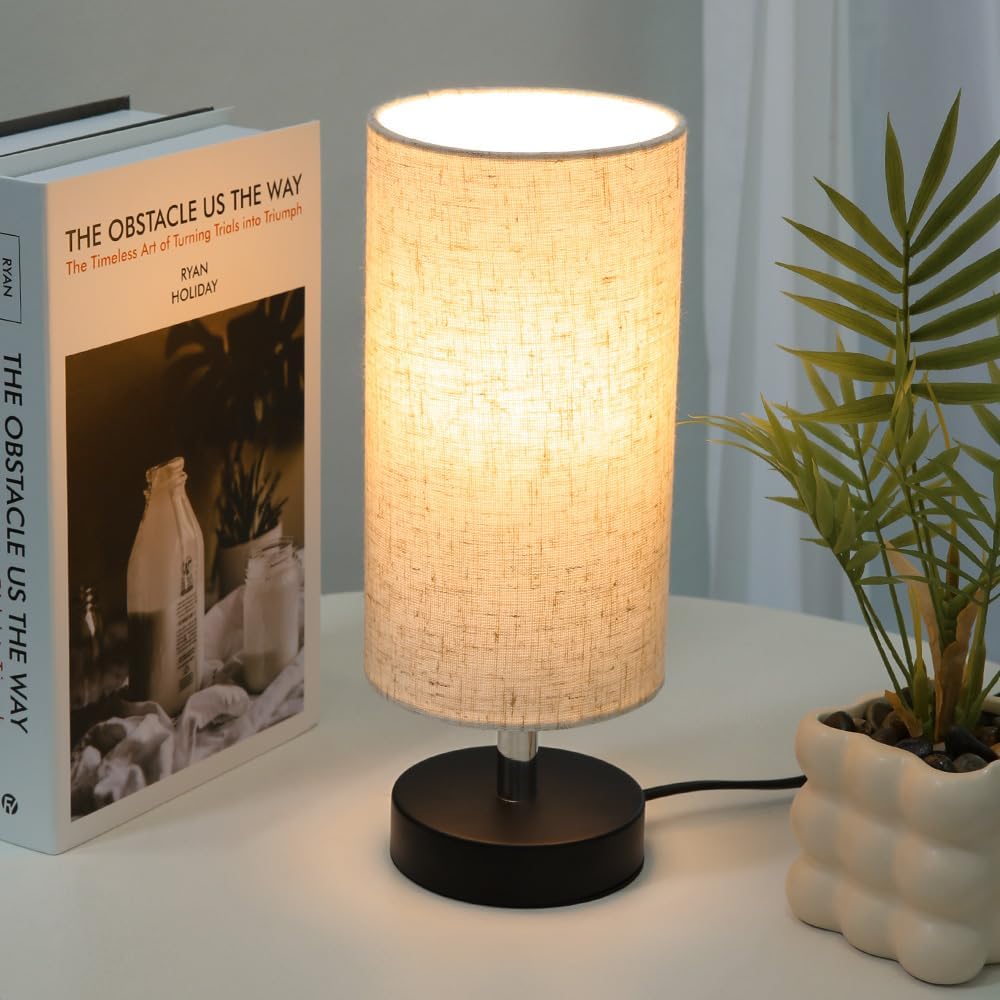 Modern Fabric Table Lamp — 12-Inch Tall Cylinder Lampshade with Black Metal Base, E26/E27 Compatible, Perfect for Bedroom, Bedside & Desk Lighting