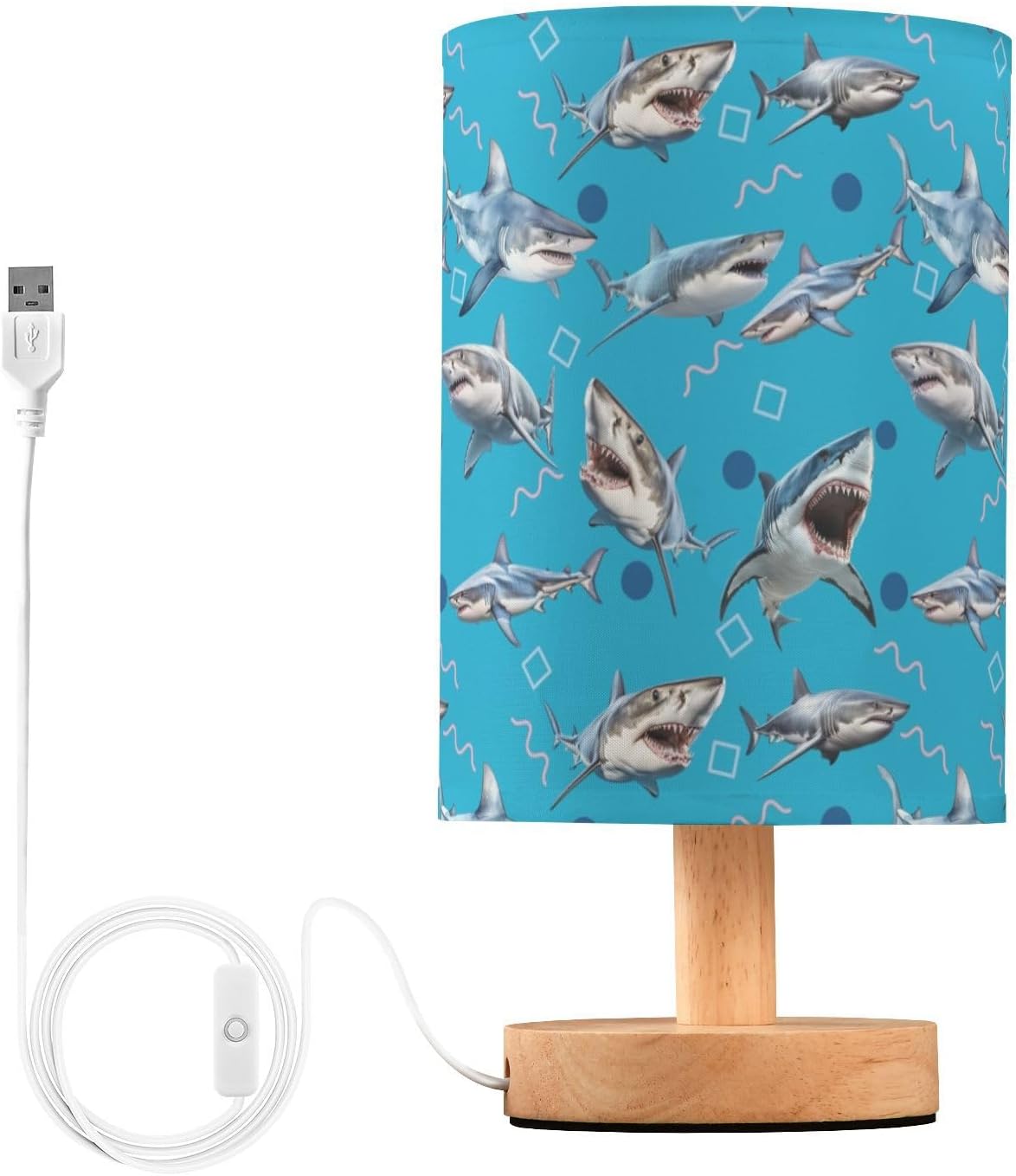 Creative Shark Pattern USB Table Lamp | Kids Bedside Lamp | Eye-Friendly Night Light with Switch & Non-Slip Wooden Base