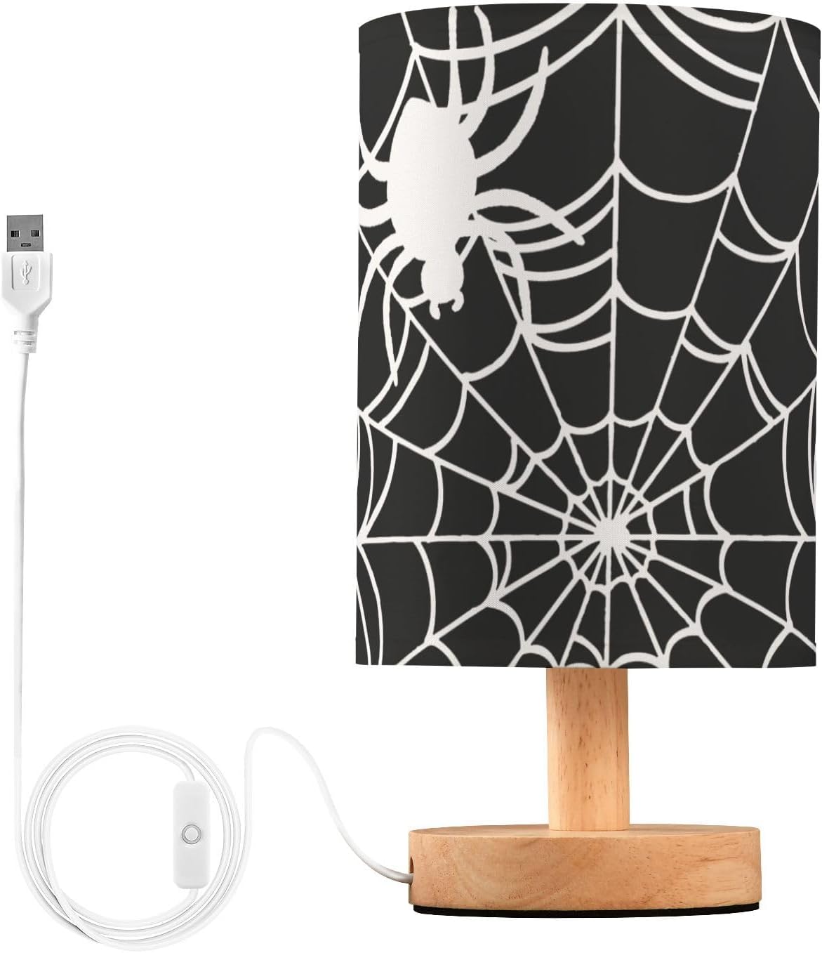 Creative Spider Web USB Table Lamp — 9.7-Inch Black Fabric Shade with Wooden Base, Built-in LED Light, No Bulb Needed, Ideal for Bedroom, Study & Halloween Décor