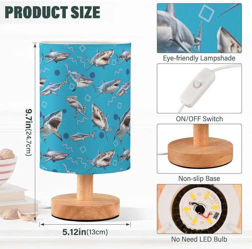 Creative Shark Pattern USB Table Lamp | Kids Bedside Lamp | Eye-Friendly Night Light with Switch & Non-Slip Wooden Base