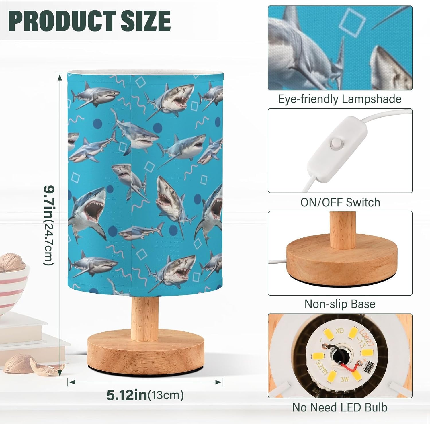 Creative Shark Pattern USB Table Lamp | Kids Bedside Lamp | Eye-Friendly Night Light with Switch & Non-Slip Wooden Base