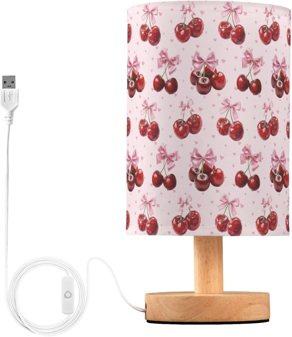 Cute Cherry Print USB Table Lamp — 9.7-Inch Fabric Shade with Wooden Base, Built-in LED Light, On/Off Switch, No Bulb Needed, Perfect for Bedroom, Study & Dorm