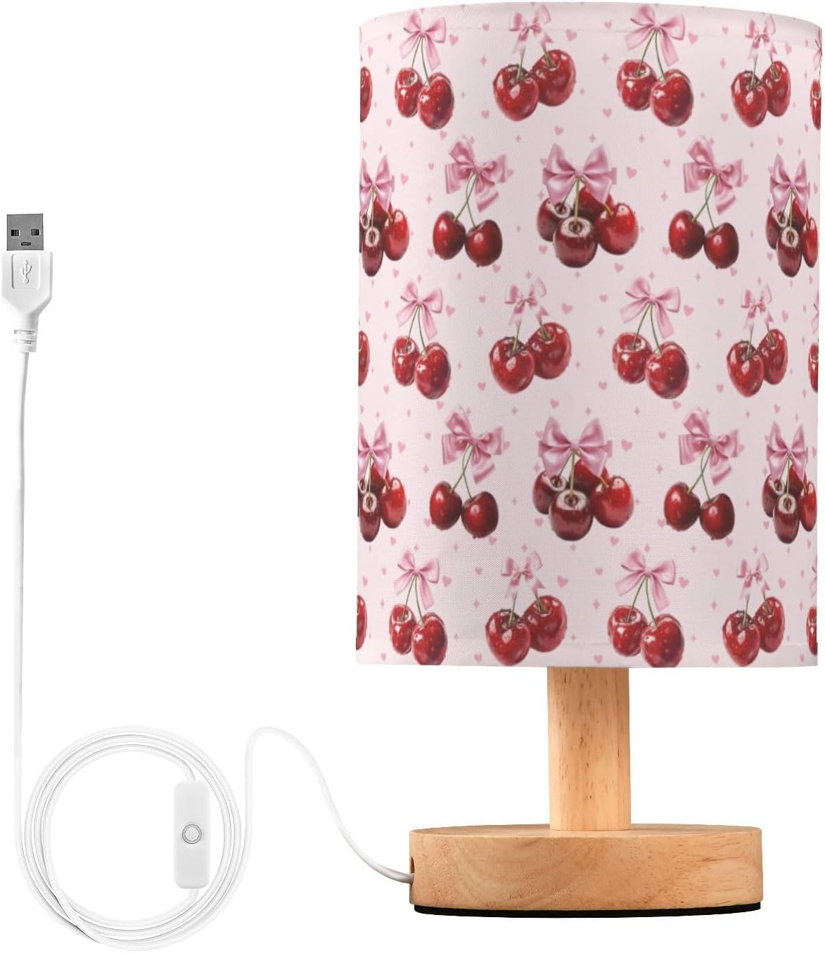 Cute Cherry Print USB Table Lamp — 9.7-Inch Fabric Shade with Wooden Base, Built-in LED Light, On/Off Switch, No Bulb Needed, Perfect for Bedroom, Study & Dorm