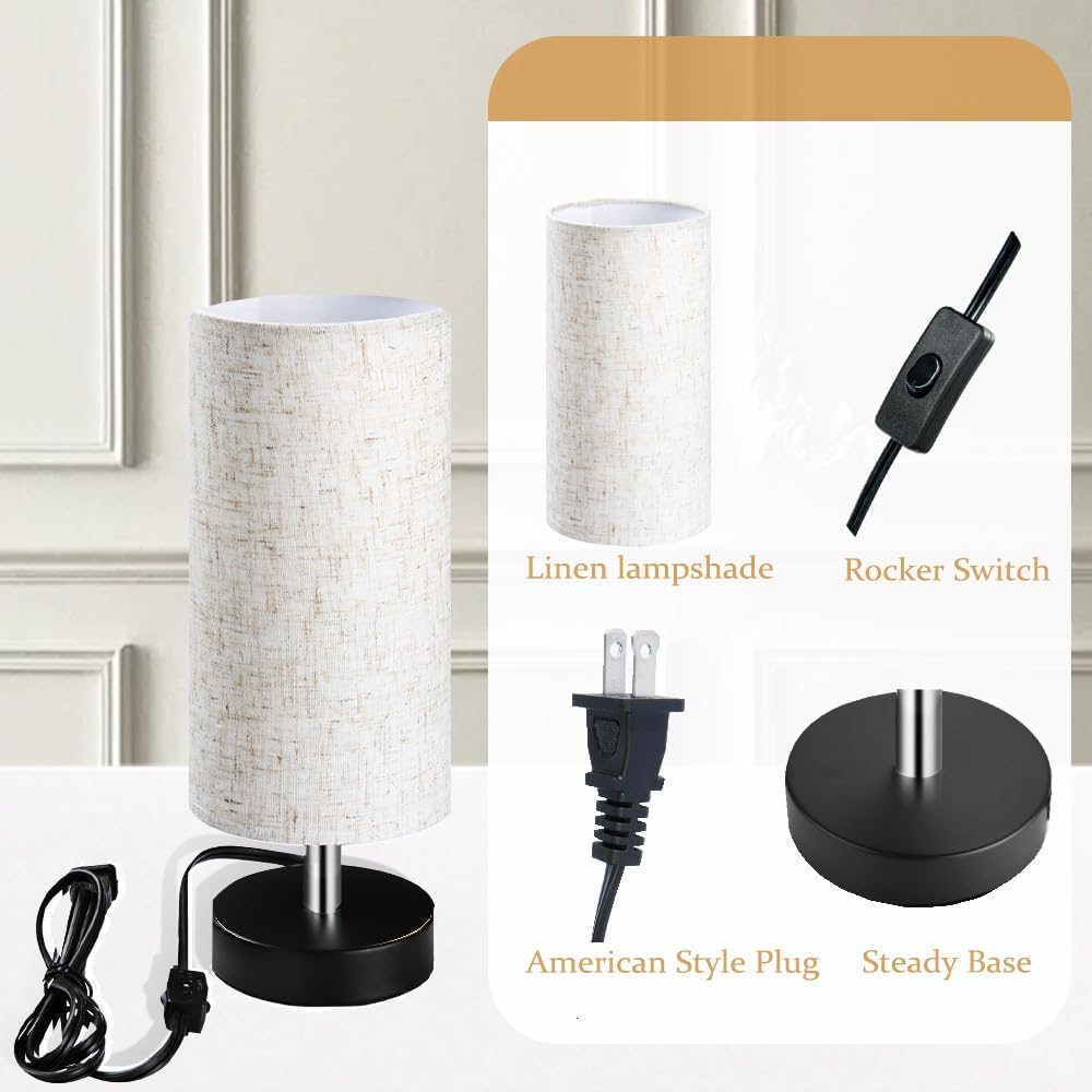 Modern Fabric Table Lamp — 12-Inch Tall Cylinder Lampshade with Black Metal Base, E26/E27 Compatible, Perfect for Bedroom, Bedside & Desk Lighting