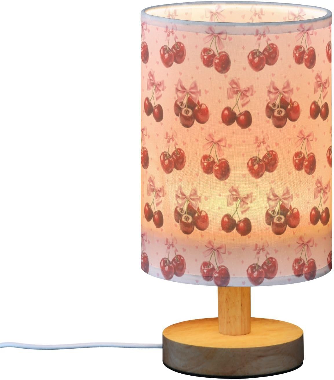 Cute Cherry Print USB Table Lamp — 9.7-Inch Fabric Shade with Wooden Base, Built-in LED Light, On/Off Switch, No Bulb Needed, Perfect for Bedroom, Study & Dorm