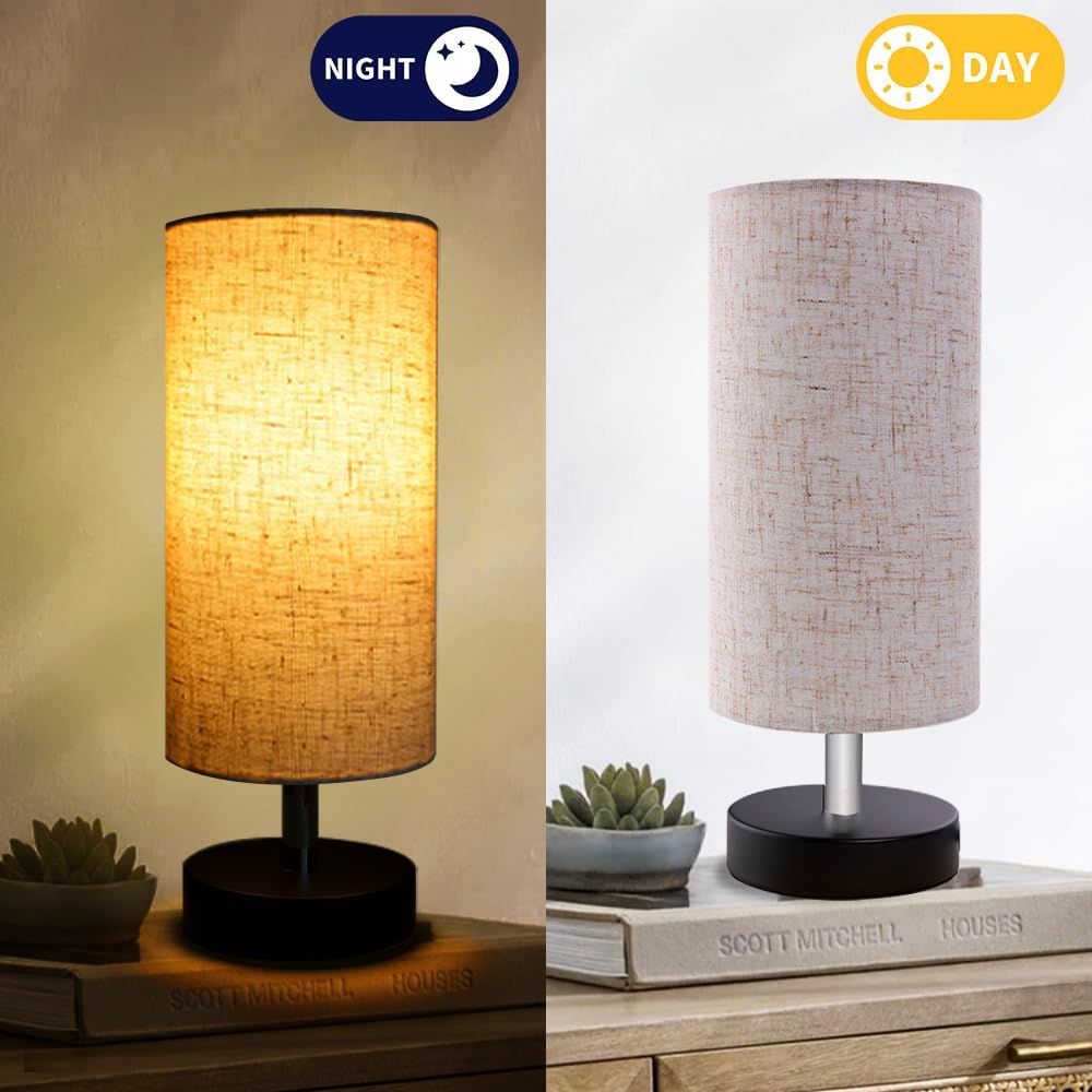 Modern Fabric Table Lamp — 12-Inch Tall Cylinder Lampshade with Black Metal Base, E26/E27 Compatible, Perfect for Bedroom, Bedside & Desk Lighting