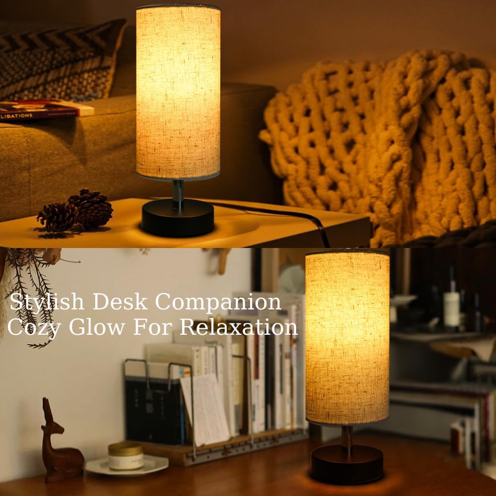 Modern Fabric Table Lamp — 12-Inch Tall Cylinder Lampshade with Black Metal Base, E26/E27 Compatible, Perfect for Bedroom, Bedside & Desk Lighting