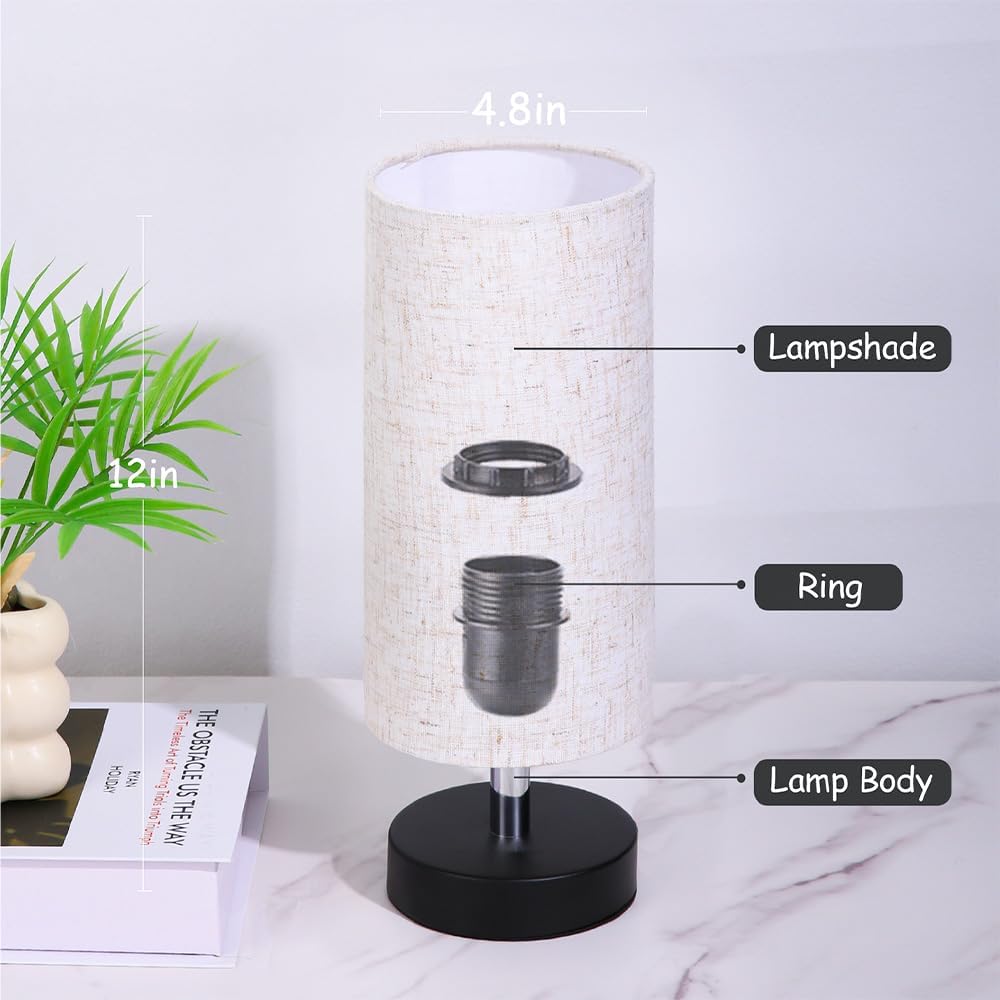Modern Fabric Table Lamp — 12-Inch Tall Cylinder Lampshade with Black Metal Base, E26/E27 Compatible, Perfect for Bedroom, Bedside & Desk Lighting