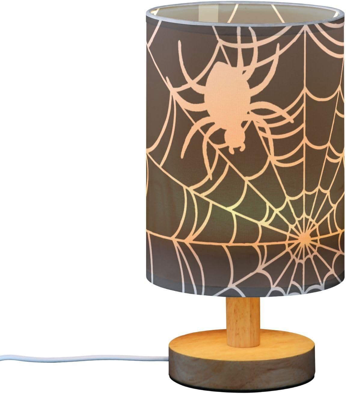 Creative Spider Web USB Table Lamp — 9.7-Inch Black Fabric Shade with Wooden Base, Built-in LED Light, No Bulb Needed, Ideal for Bedroom, Study & Halloween Décor