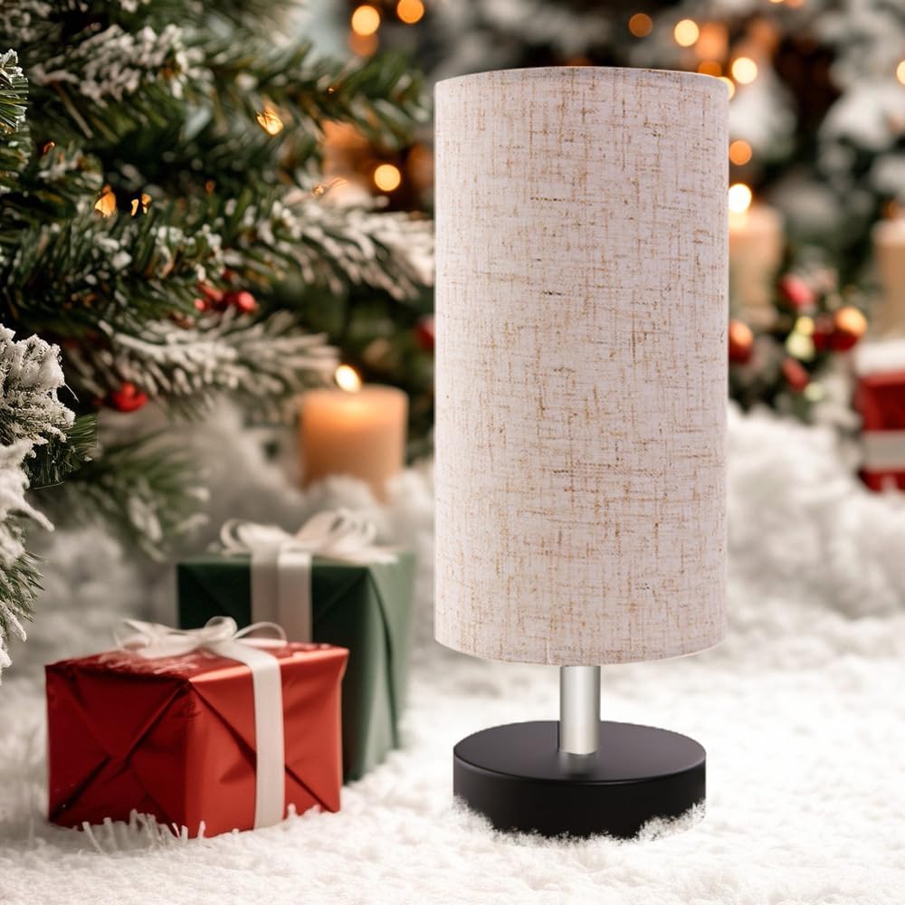Modern Fabric Table Lamp — 12-Inch Tall Cylinder Lampshade with Black Metal Base, E26/E27 Compatible, Perfect for Bedroom, Bedside & Desk Lighting