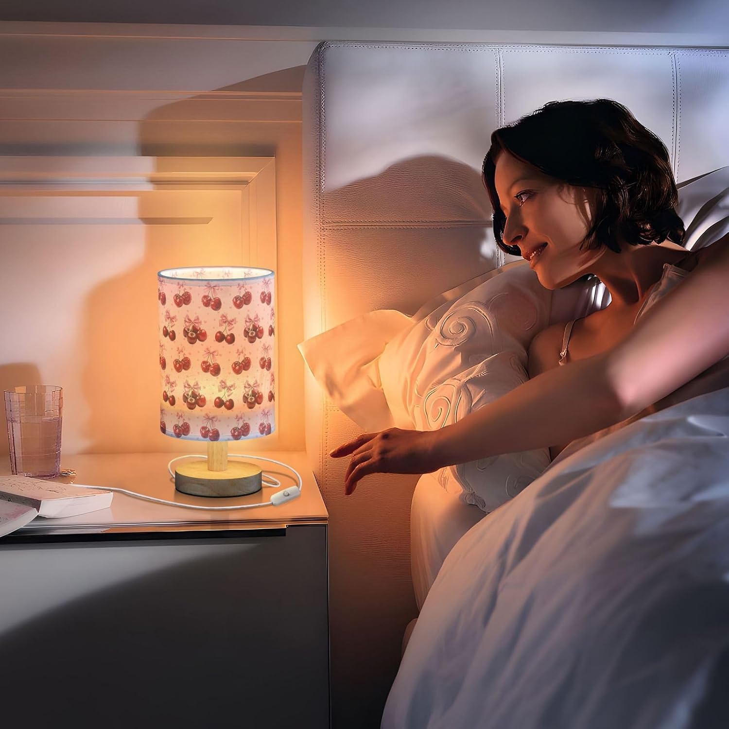 Cute Cherry Print USB Table Lamp — 9.7-Inch Fabric Shade with Wooden Base, Built-in LED Light, On/Off Switch, No Bulb Needed, Perfect for Bedroom, Study & Dorm