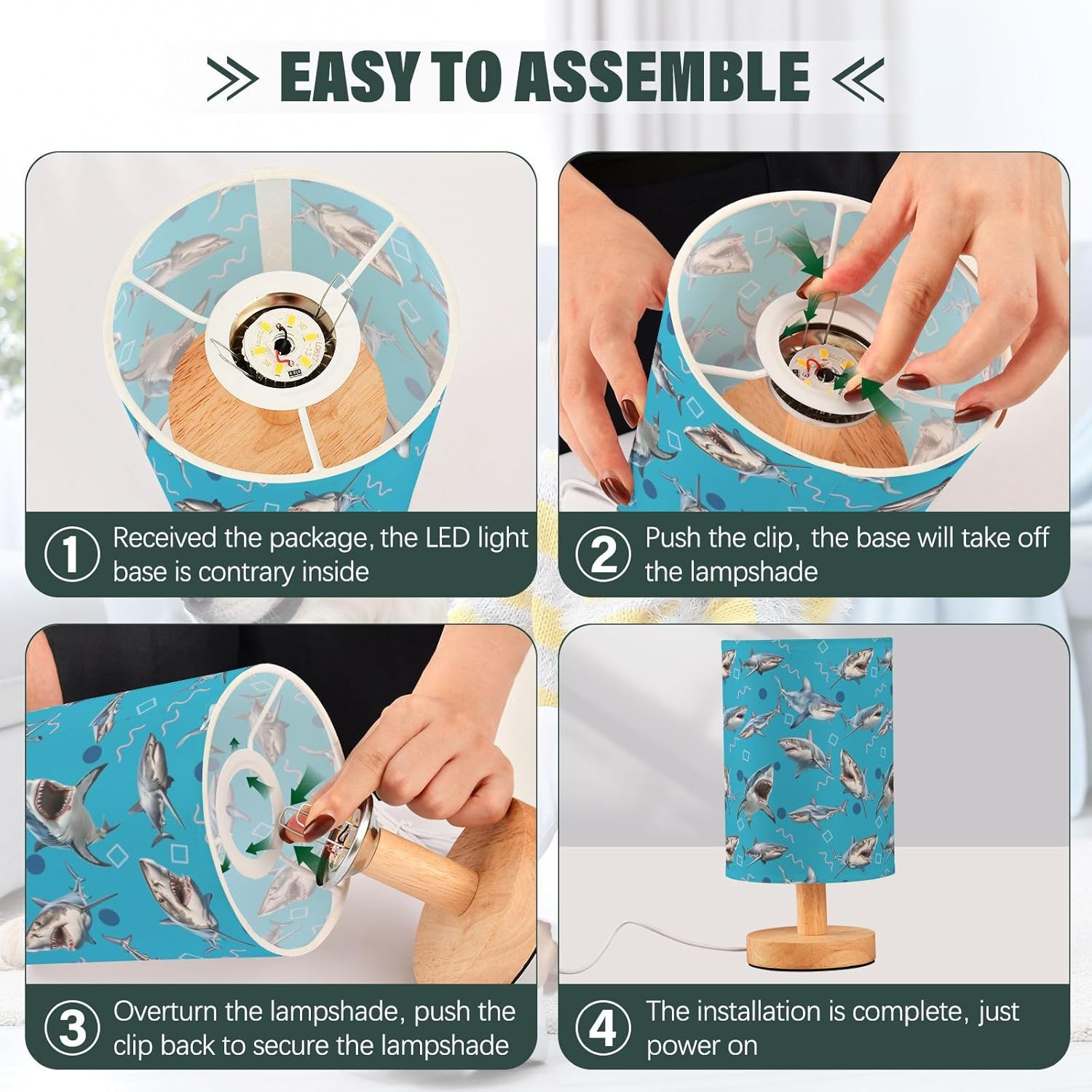 Creative Shark Pattern USB Table Lamp | Kids Bedside Lamp | Eye-Friendly Night Light with Switch & Non-Slip Wooden Base