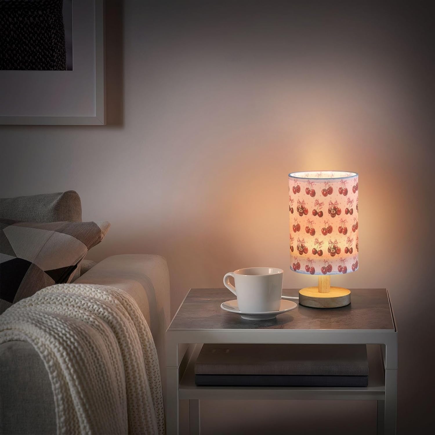 Cute Cherry Print USB Table Lamp — 9.7-Inch Fabric Shade with Wooden Base, Built-in LED Light, On/Off Switch, No Bulb Needed, Perfect for Bedroom, Study & Dorm