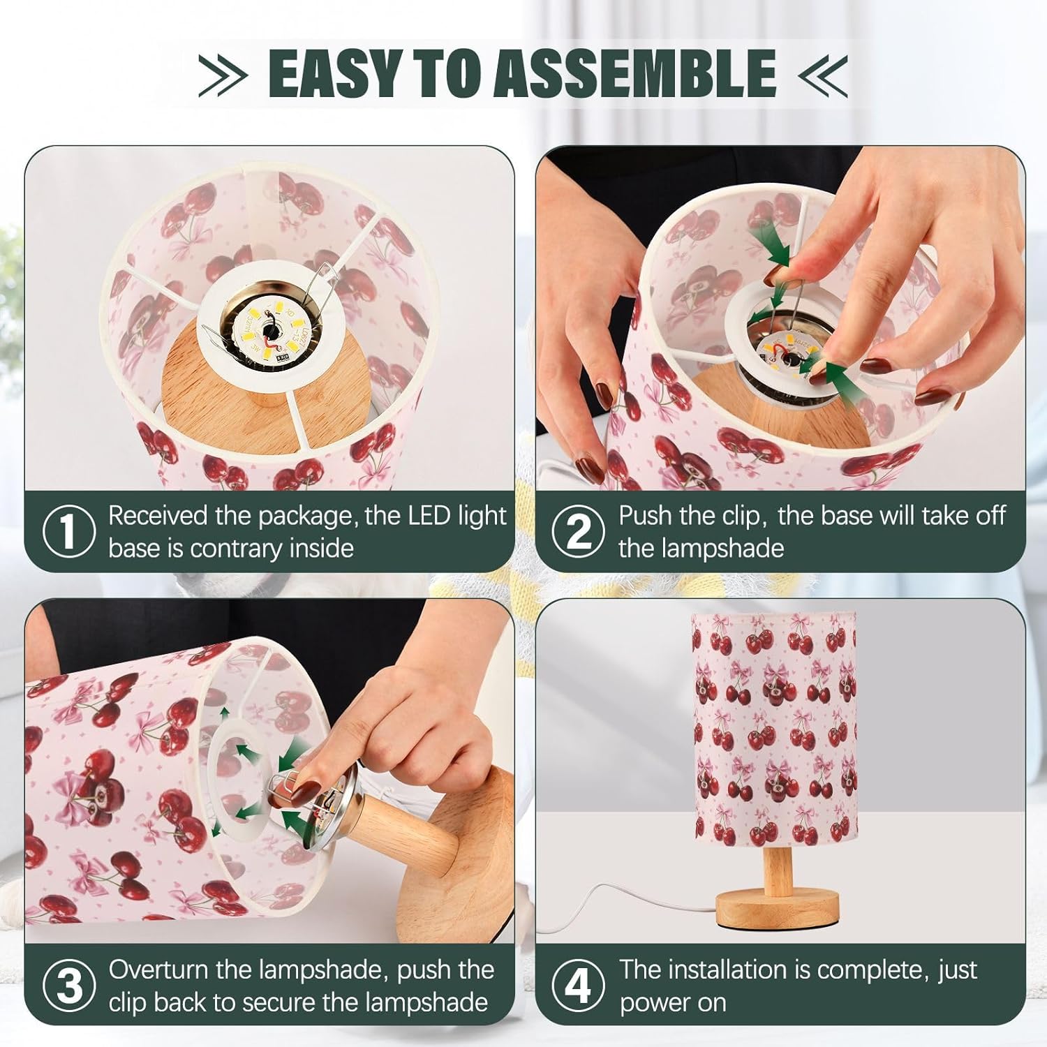 Cute Cherry Print USB Table Lamp — 9.7-Inch Fabric Shade with Wooden Base, Built-in LED Light, On/Off Switch, No Bulb Needed, Perfect for Bedroom, Study & Dorm