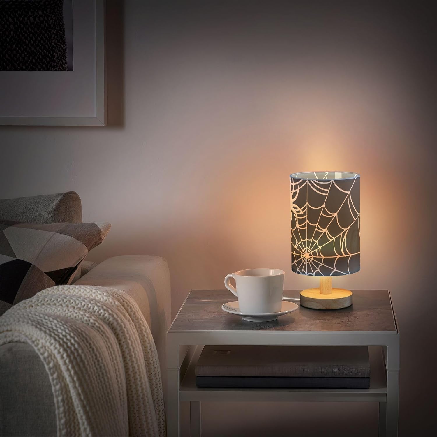 Creative Spider Web USB Table Lamp — 9.7-Inch Black Fabric Shade with Wooden Base, Built-in LED Light, No Bulb Needed, Ideal for Bedroom, Study & Halloween Décor