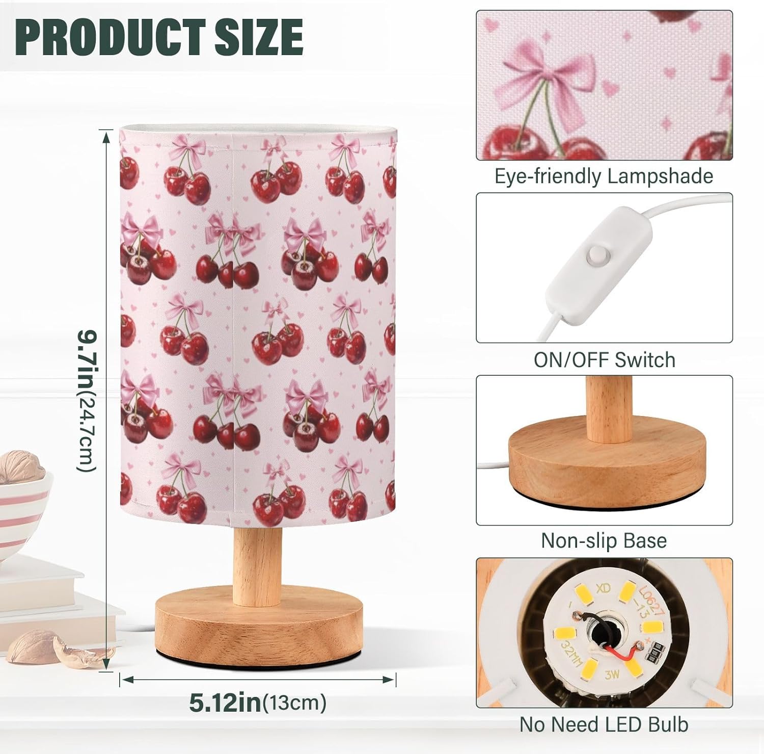 Cute Cherry Print USB Table Lamp — 9.7-Inch Fabric Shade with Wooden Base, Built-in LED Light, On/Off Switch, No Bulb Needed, Perfect for Bedroom, Study & Dorm