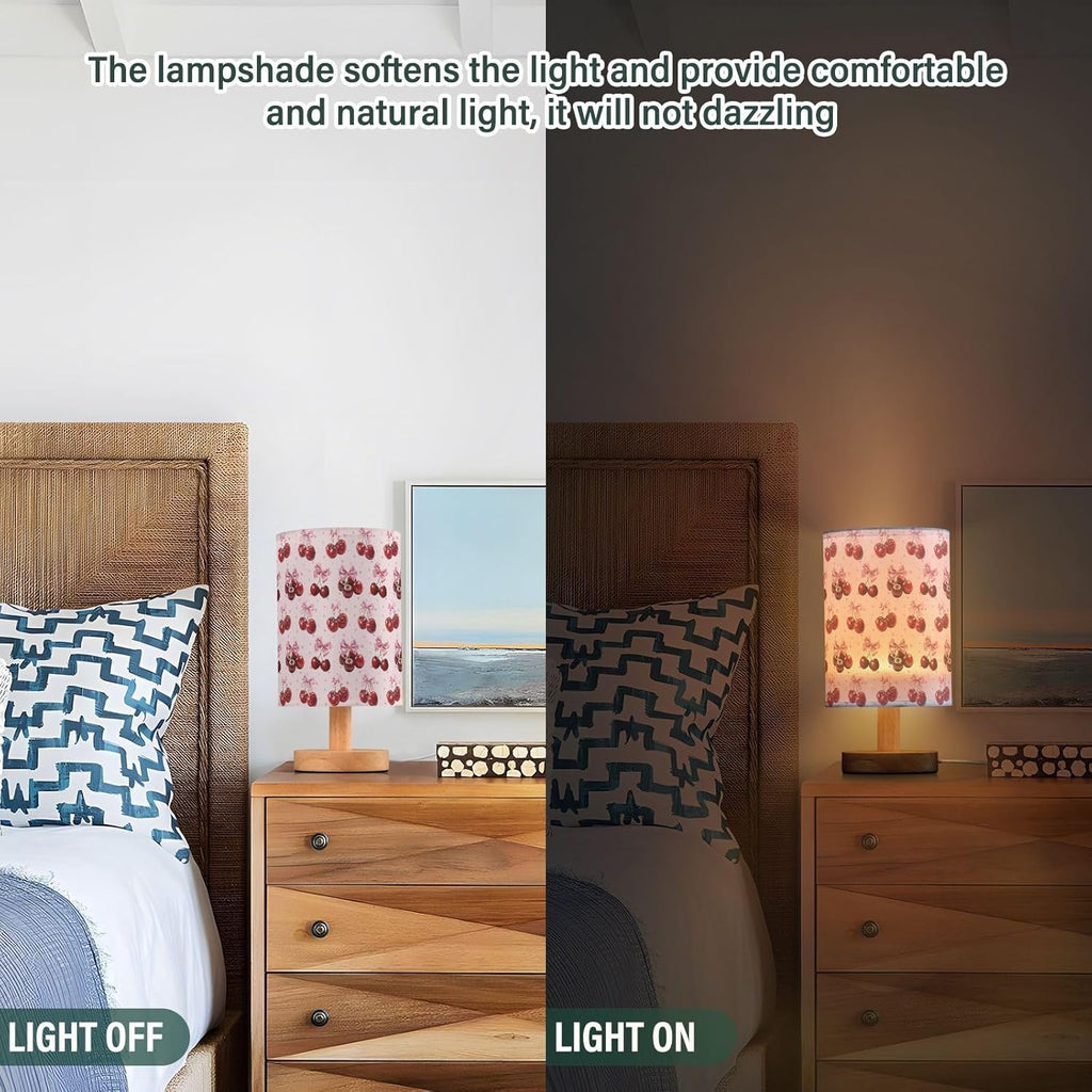 Cute Cherry Print USB Table Lamp — 9.7-Inch Fabric Shade with Wooden Base, Built-in LED Light, On/Off Switch, No Bulb Needed, Perfect for Bedroom, Study & Dorm