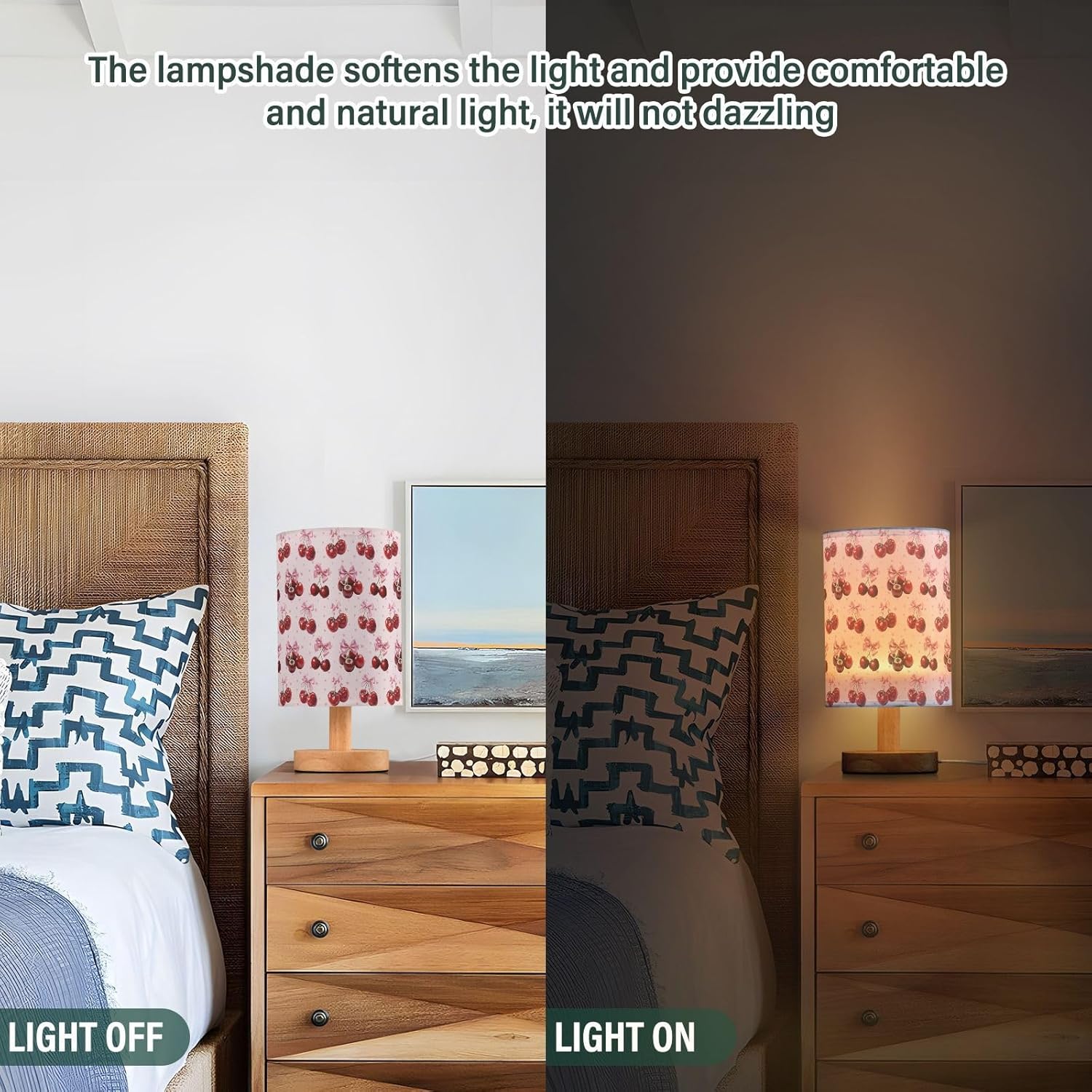 Cute Cherry Print USB Table Lamp — 9.7-Inch Fabric Shade with Wooden Base, Built-in LED Light, On/Off Switch, No Bulb Needed, Perfect for Bedroom, Study & Dorm