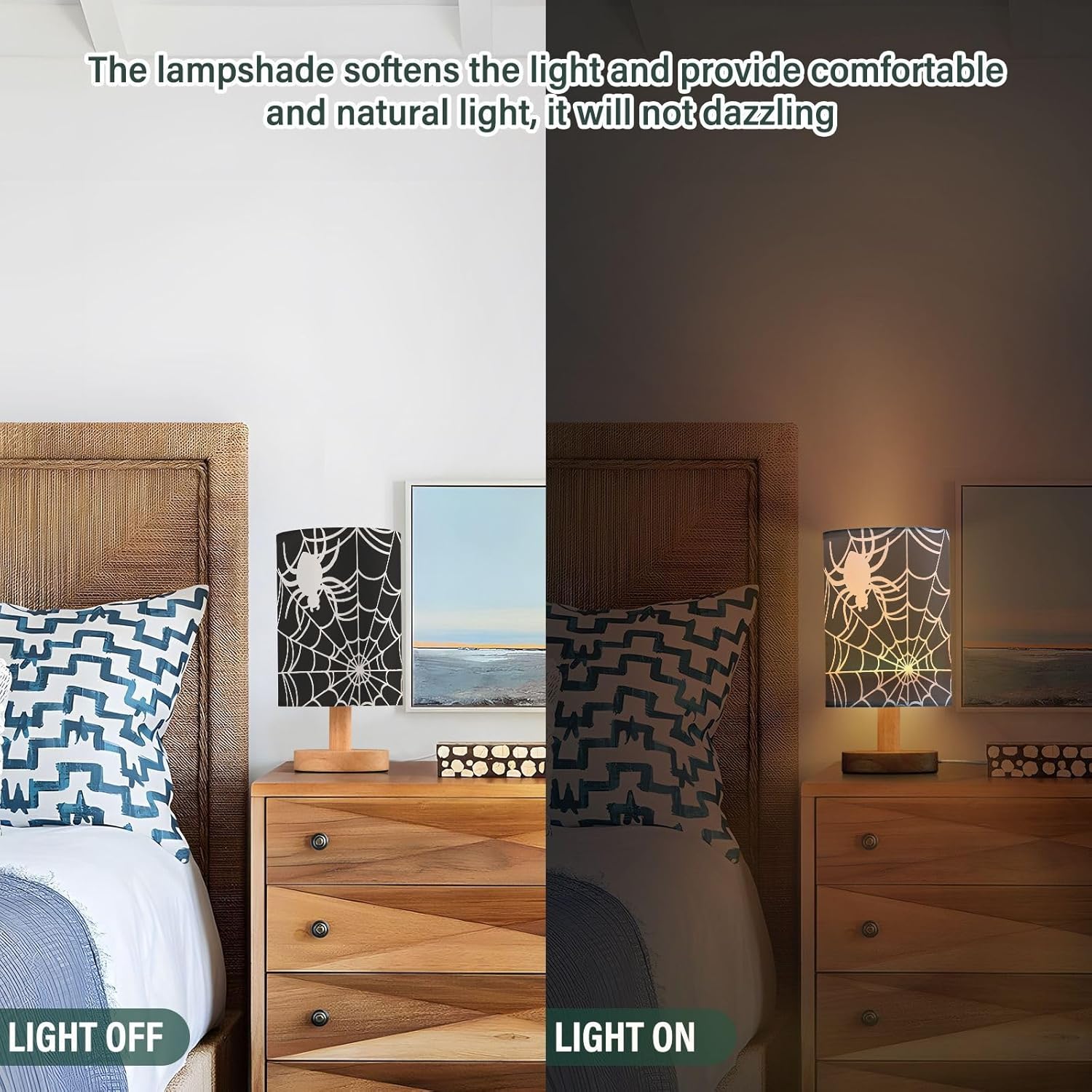 Creative Spider Web USB Table Lamp — 9.7-Inch Black Fabric Shade with Wooden Base, Built-in LED Light, No Bulb Needed, Ideal for Bedroom, Study & Halloween Décor
